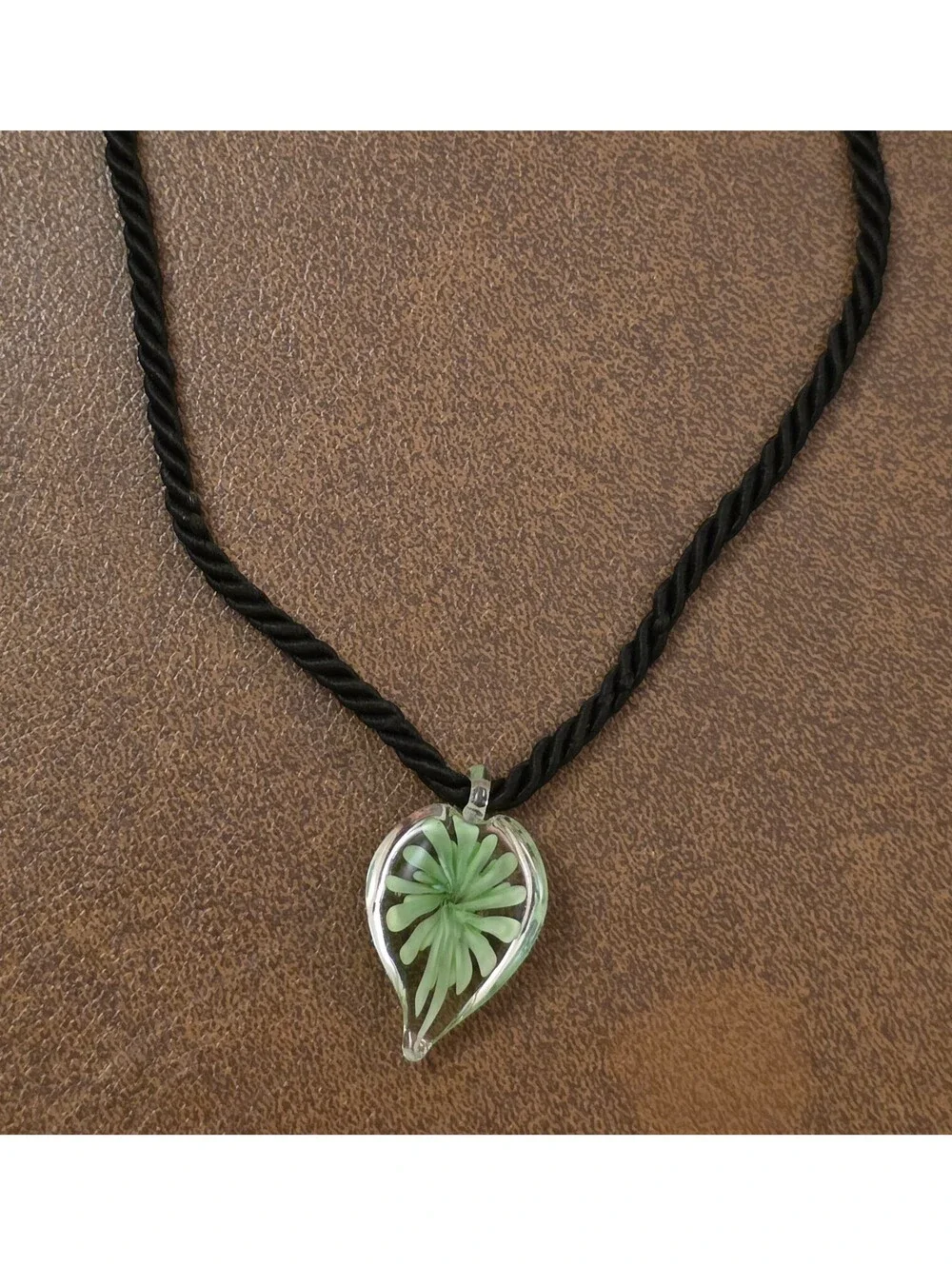 Murano Style Art Glass Teardrop Floral Pendant Necklace Black Cord Green Flower